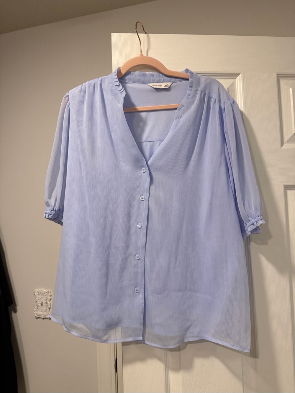 Nine West Light Blue Button-Down V-Neck Blouse